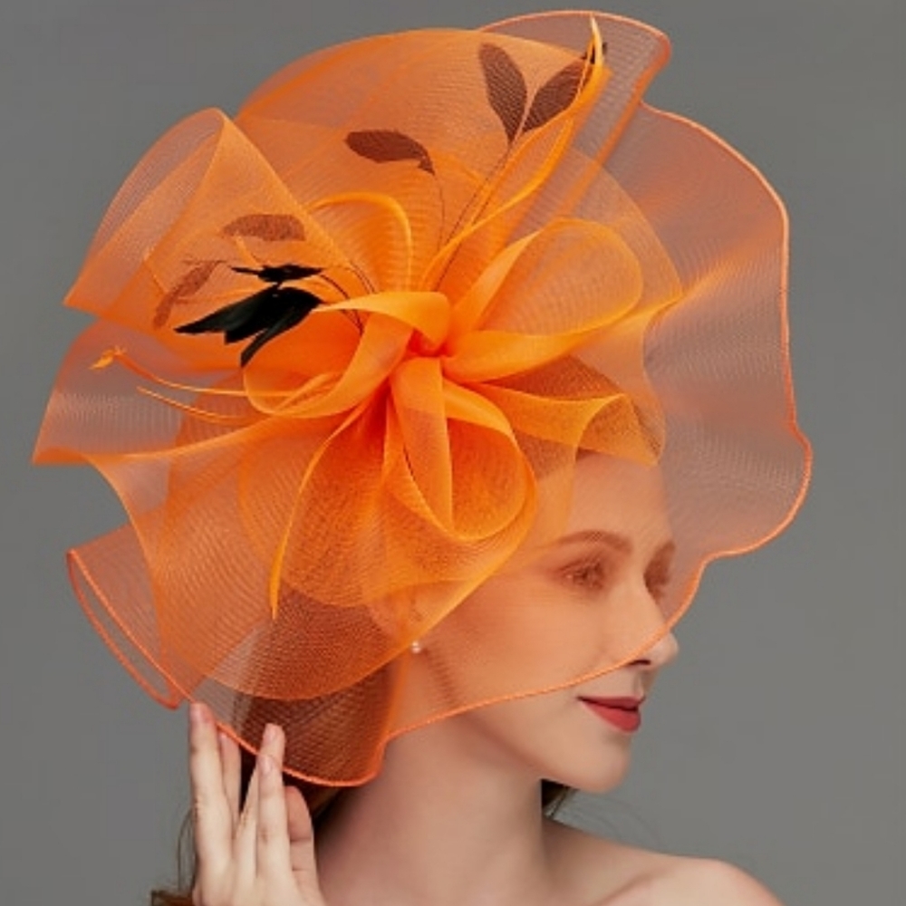 Fabulous Orange Black Feminine Big Tulle Fascinator Brunch Tea Church Weddings